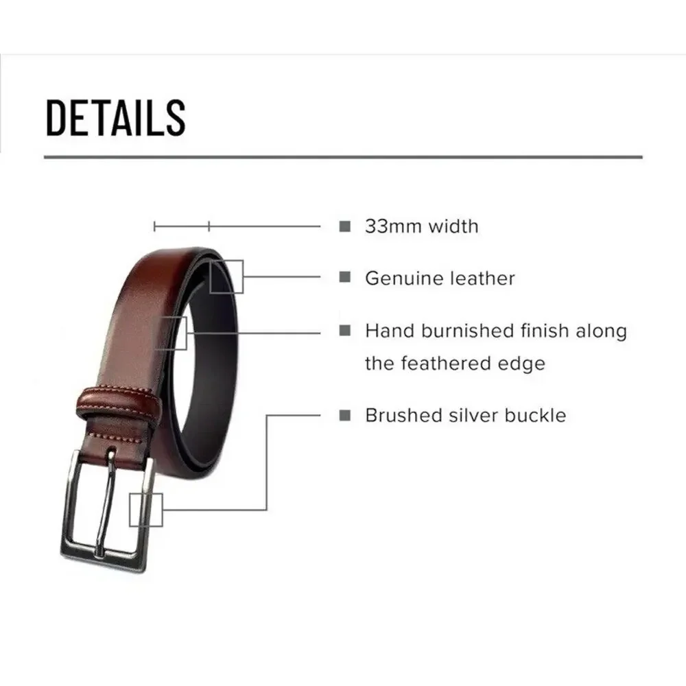 Florsheim Mens Genuine Leather Dress Belt 33mm Width Brushed Silver Buckle Brown